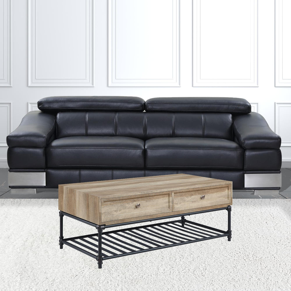 Homeroots 47" Sandy Black And Oak Paper Veneer And Metal Rectangular Coffee Table With Two Drawers And Shelf   490768