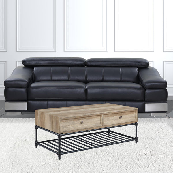 Homeroots 47" Sandy Black And Oak Paper Veneer And Metal Rectangular Coffee Table With Two Drawers And Shelf   490768