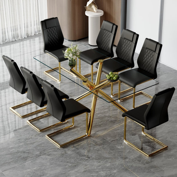 English Elm Table Set: Modern 9-Piece Luxurious Transparent Glass Dining Set With 8 Black Pu Chairs & Gold Legs W1151S02590-GIGA