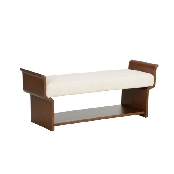 Wildwood Ando Performance Boucle Bench With Warm Wood Frame, Curved Arms & Lower Shelf For Entryway Seating 490770