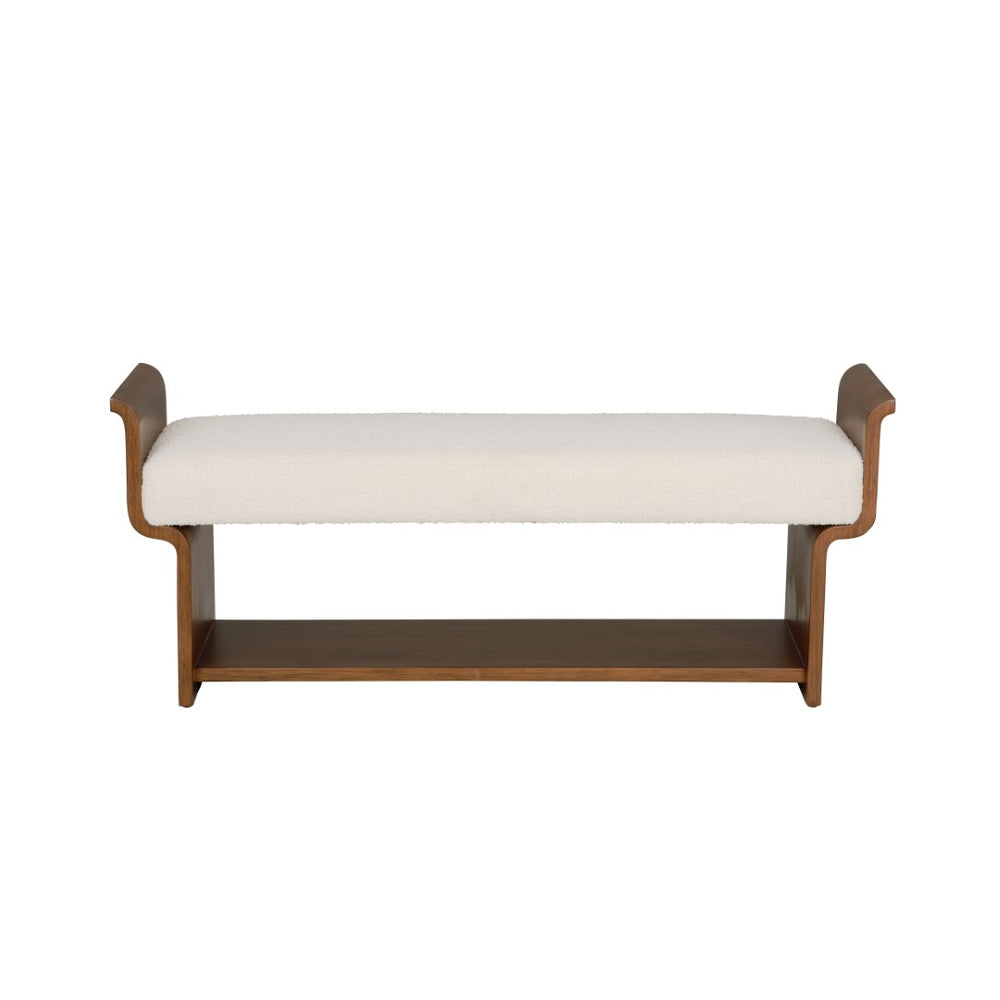 Wildwood Ando Performance Boucle Bench With Warm Wood Frame, Curved Arms & Lower Shelf For Entryway Seating 490770