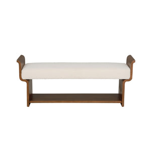 Wildwood Ando Performance Boucle Bench With Warm Wood Frame, Curved Arms & Lower Shelf For Entryway Seating 490770