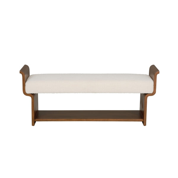 Wildwood Ando Performance Boucle Bench With Warm Wood Frame, Curved Arms & Lower Shelf For Entryway Seating 490770
