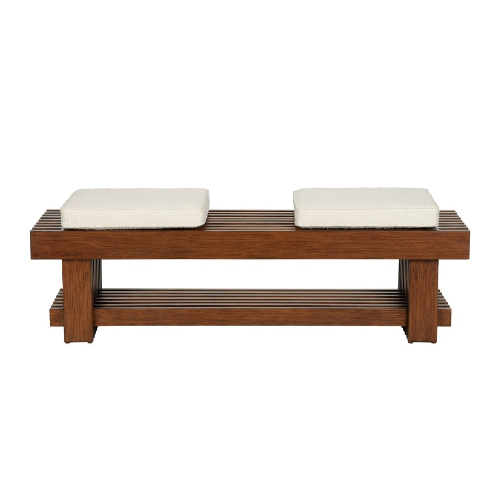 Wildwood Maki Bench With Walnut Slatted Frame And Performance Bouclé Cushions — Stylish Entryway Or Bedroom Seat 490771