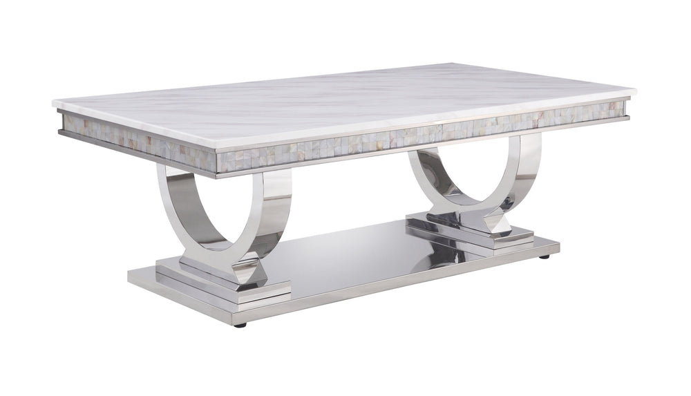 Homeroots 51" White And Silver Faux Marble Mirrored Coffee Table   490772