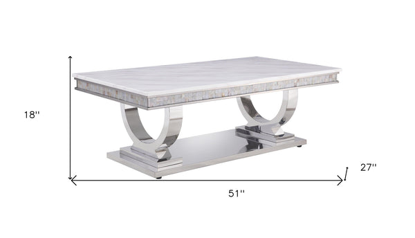 Homeroots 51" White And Silver Faux Marble Mirrored Coffee Table   490772