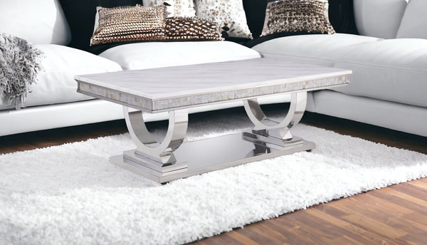 Homeroots 51" White And Silver Faux Marble Mirrored Coffee Table   490772