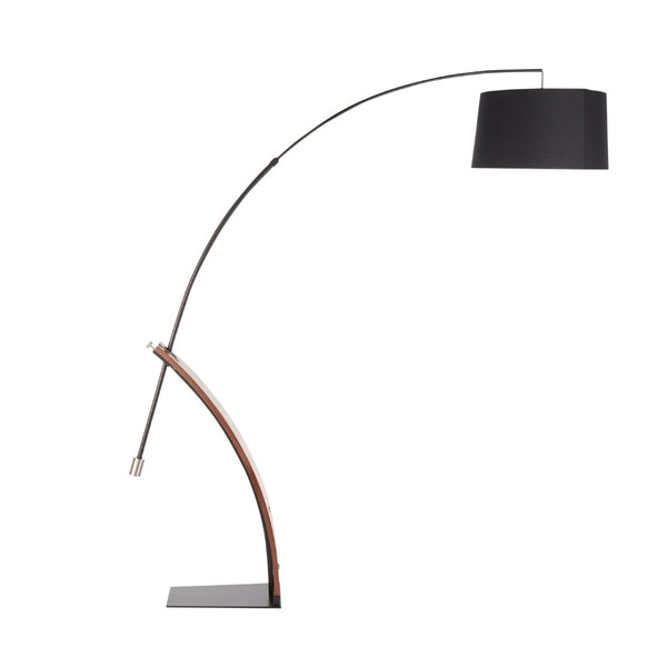 English Elm Mid-century Modern Arc Floor Lamp with Bentwood Base and Black Linen Reading Shade B202S02209