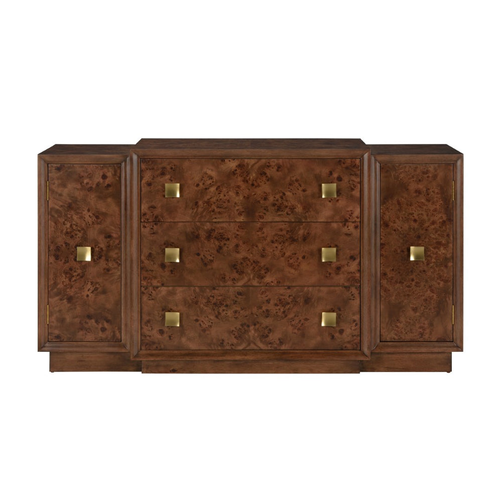 Wildwood Robinson Burl Veneer Cabinet With Drawers & Shelves — 64"W Transitional Storage Buffet For Home 490797