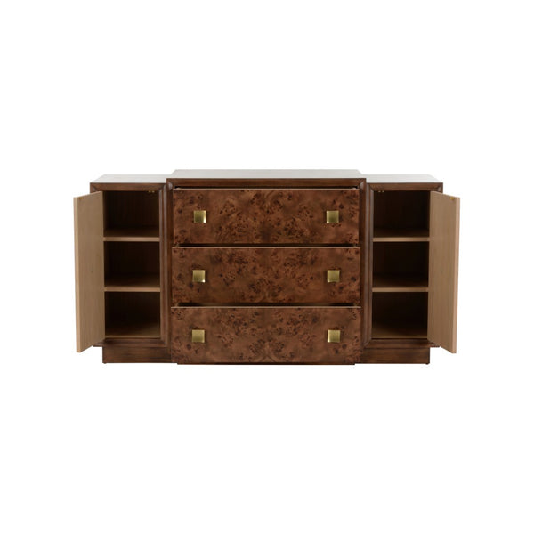 Wildwood Robinson Burl Veneer Cabinet With Drawers & Shelves — 64"W Transitional Storage Buffet For Home 490797