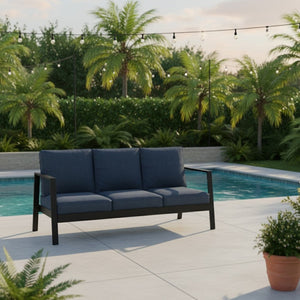 English Elm 75" Rust-proof Aluminum Outdoor Sofa with High-density Foam Cushions for Patio Lounging Black+Blue B082P454984