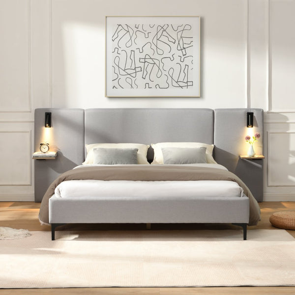 English Elm Christopher Knight Home® - Chic Linen Upholstered Bed With Integrated Lighting & Shelving, Grey Queen, Stylish Bedroom Retreat N769P264794Q