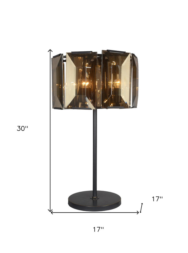 HomeRoots 30" Bronze Metal Four Light Bedside Table Lamp with Amber Shade for Warm Ambient Illumination 490801