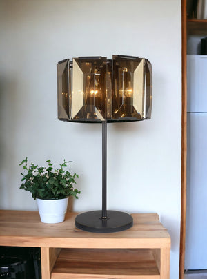 HomeRoots 30" Bronze Metal Four Light Bedside Table Lamp with Amber Shade for Warm Ambient Illumination 490801