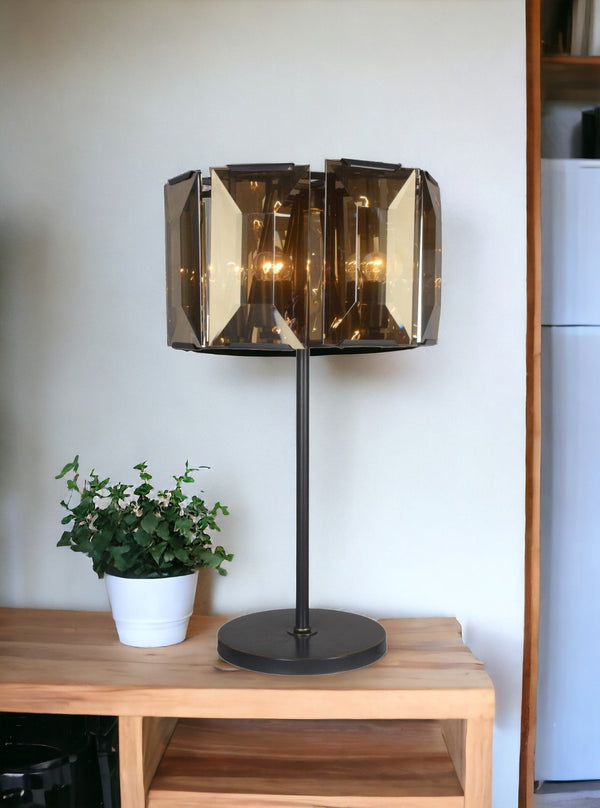HomeRoots 30" Bronze Metal Four Light Bedside Table Lamp with Amber Shade for Warm Ambient Illumination 490801