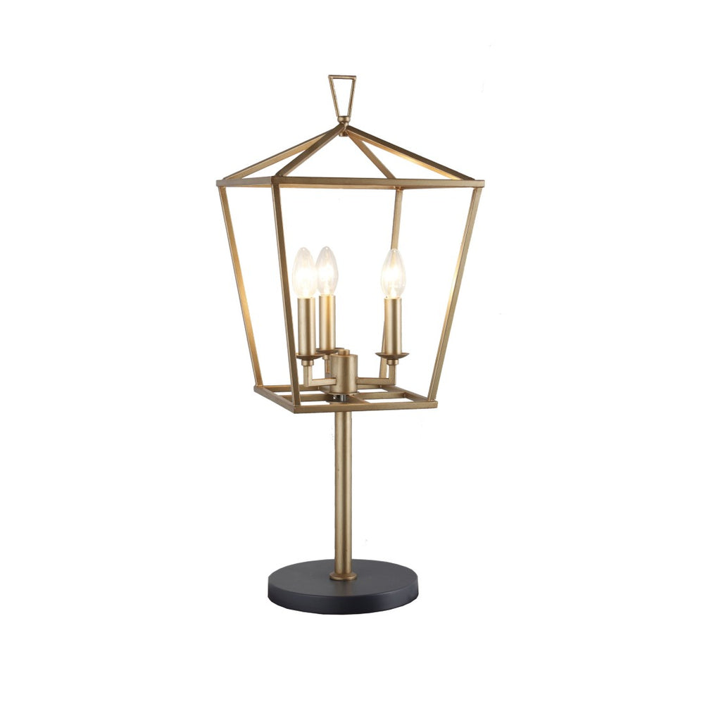 HomeRoots 30" Black Iron Three-Light Bedside Table Lamp - Elegant Lantern Design with Brass Accents for Cozy Light 490802
