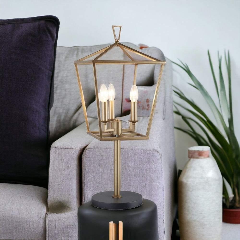 HomeRoots 30" Black Iron Three-Light Bedside Table Lamp - Elegant Lantern Design with Brass Accents for Cozy Light 490802