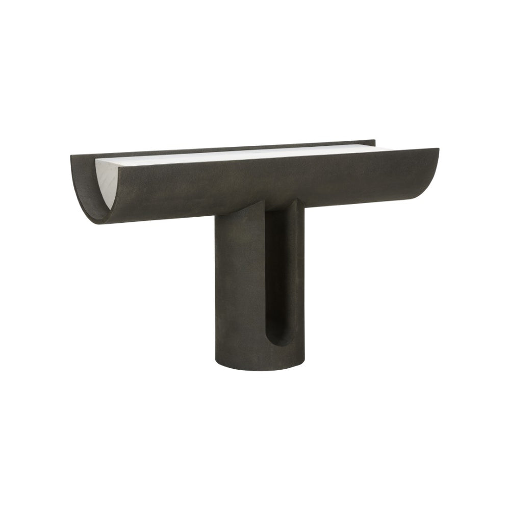 Wildwood Iron Ore Capsule Console With Honed Carrara Marble Top And Faux Shagreen Finish — Sculptural 360° Statement 490807