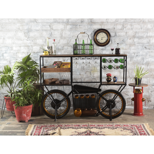 Homeroots Brown And Black Metal And Solid Wood Bar Cart With Wine Storage   490808