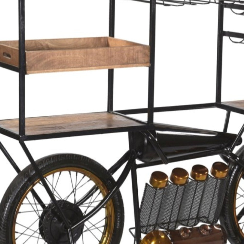 HomeRoots Brown Metal and Solid Wood Bar Cart with Wine Storage - Industrial Charm for Entertaining Spaces 490808