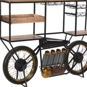 Homeroots Brown And Black Metal And Solid Wood Bar Cart With Wine Storage   490808