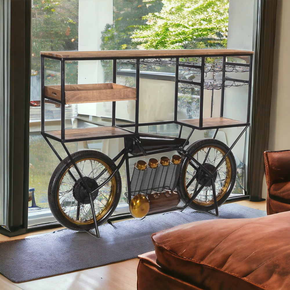 Homeroots Brown And Black Metal And Solid Wood Bar Cart With Wine Storage   490808