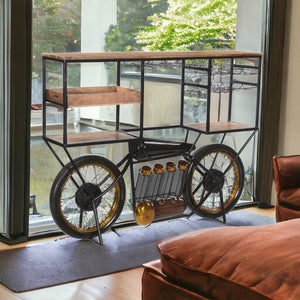 Homeroots Brown And Black Metal And Solid Wood Bar Cart With Wine Storage   490808