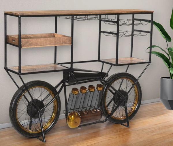 HomeRoots Brown Metal and Solid Wood Bar Cart with Wine Storage - Industrial Charm for Entertaining Spaces 490808