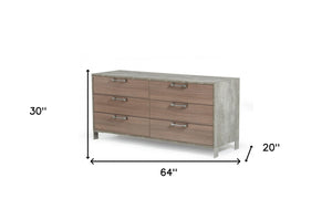 Homeroots 64" Brown Oak Grey Solid And Manufactured Wood Six Drawer Dresser  Solid And Manufactured Wood 490815