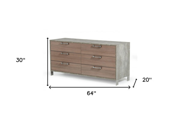 Homeroots 64" Brown Oak Grey Solid And Manufactured Wood Six Drawer Dresser  Solid And Manufactured Wood 490815