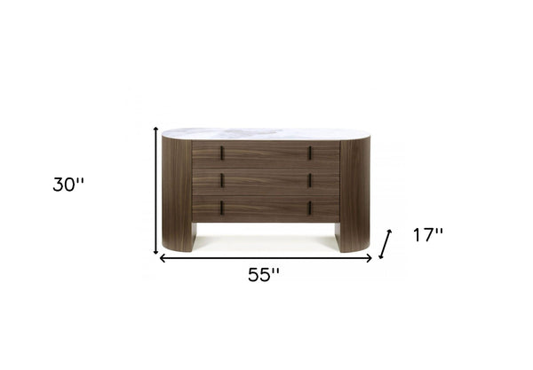 Homeroots 55" Walnut Marble Solid And Manufactured Wood Three Drawer Dresser  Solid And Manufactured Wood 490816