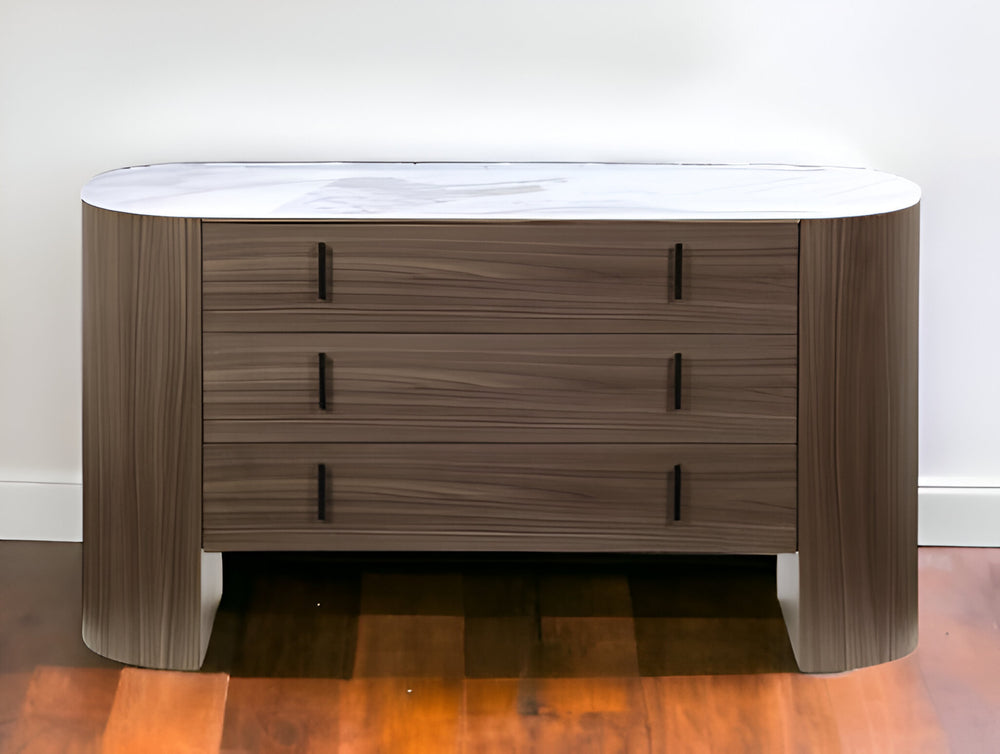 Homeroots 55" Walnut Marble Solid And Manufactured Wood Three Drawer Dresser  Solid And Manufactured Wood 490816