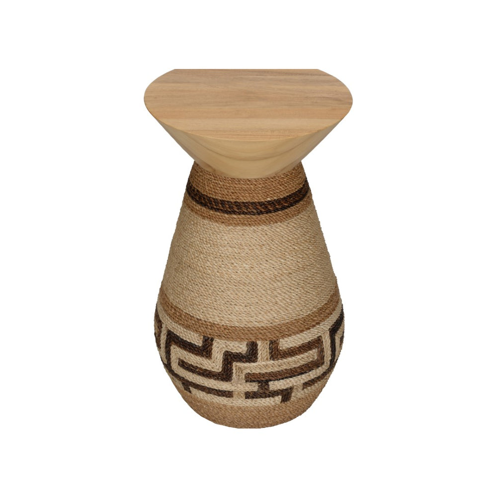 Wildwood Calusa Abaca Rope Drinks Table With Warm Wood Top — Compact 22"H Drum Side Table For Coastal, Boho Rooms 490818