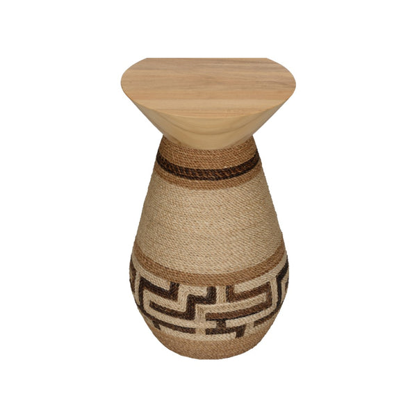 Wildwood Calusa Abaca Rope Drinks Table With Warm Wood Top — Compact 22"H Drum Side Table For Coastal, Boho Rooms 490818