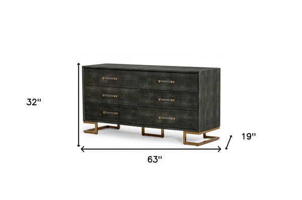 Homeroots 63" Grey Shagreen Faux Leather And Gold Six Drawer Double Dresser  Solid And Manufactured Wood 490820