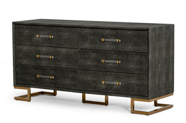Homeroots 63" Grey Shagreen Faux Leather And Gold Six Drawer Double Dresser  Solid And Manufactured Wood 490820