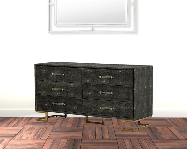 Homeroots 63" Grey Shagreen Faux Leather And Gold Six Drawer Double Dresser  Solid And Manufactured Wood 490820
