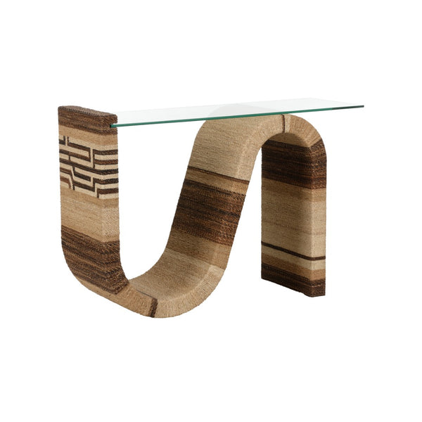 Wildwood Calusa Sculptural Curve Console Table With Dyed Abaca Rope Base And Suspended Tempered Glass Top 490822