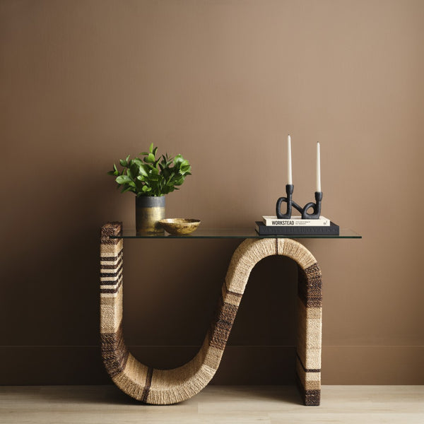 Wildwood Calusa Sculptural Curve Console Table With Dyed Abaca Rope Base And Suspended Tempered Glass Top 490822