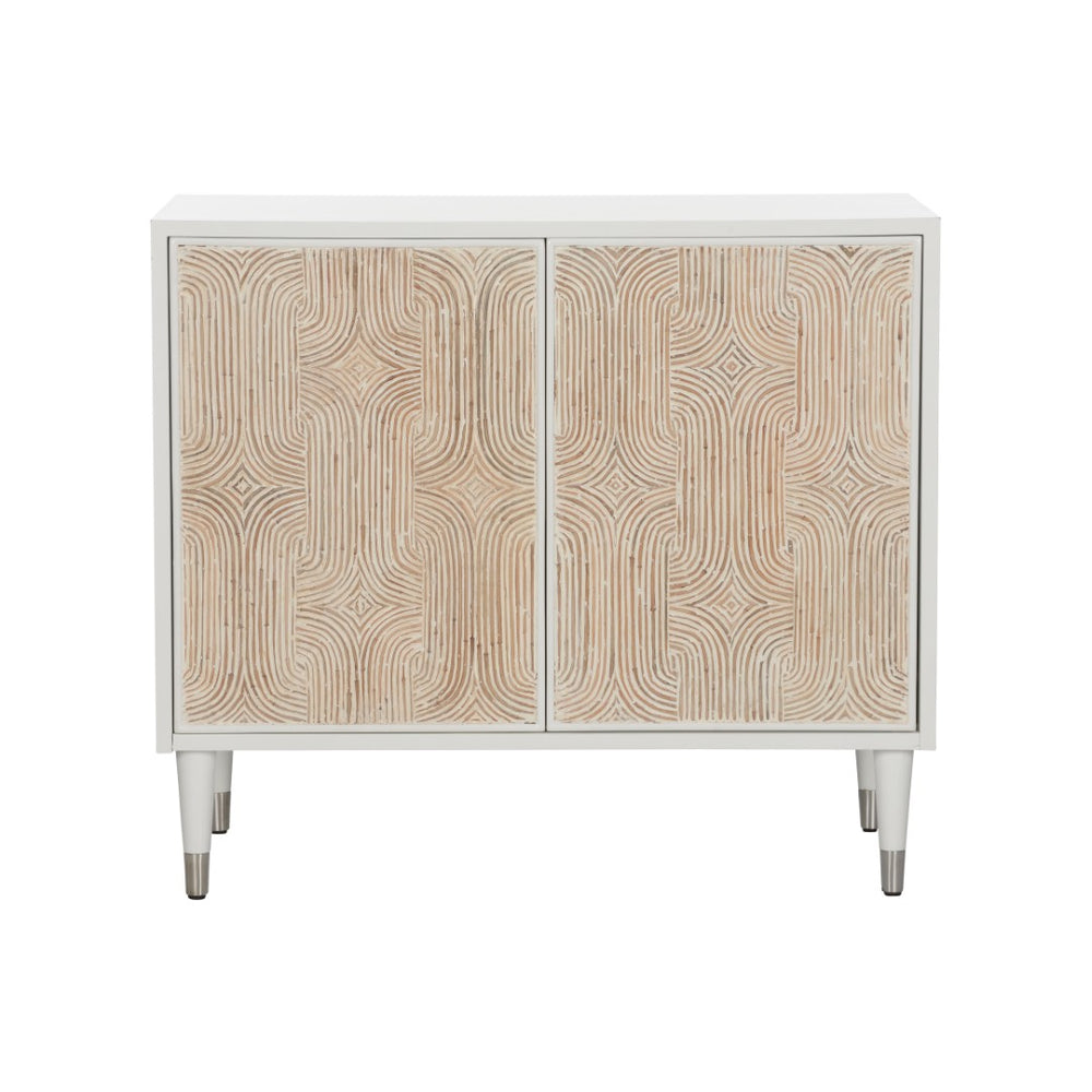 Wildwood Huli Whitewash Cane Cabinet With Arched Reeded Front, Touch-Latch Doors & Adjustable Shelf 490823