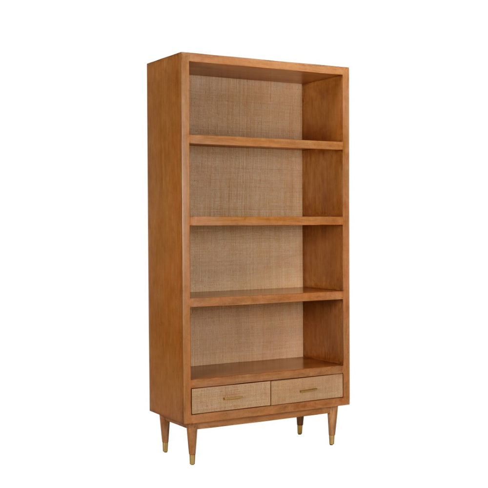 Wildwood Panama Etagere With Raffia-Backed Shelves, Walnut Finish, Brass-Drawer Storage For Stylish Display 490826