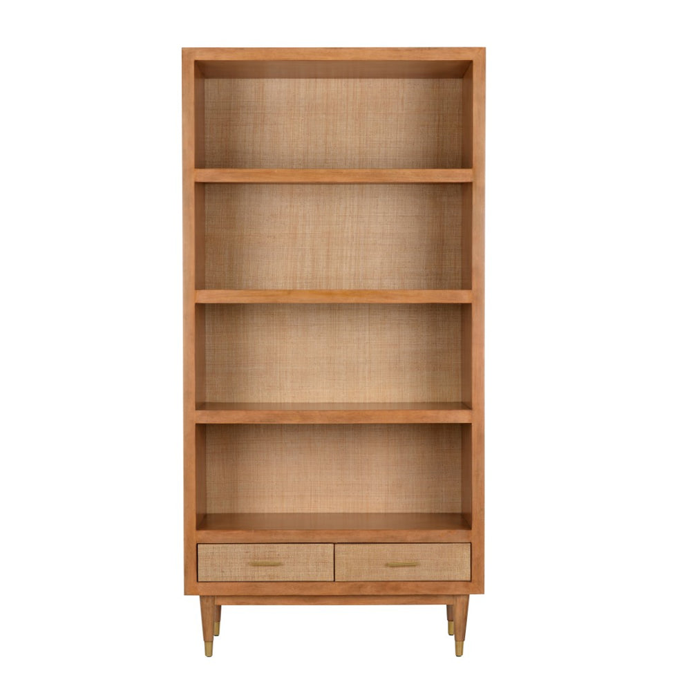 Wildwood Panama Etagere With Raffia-Backed Shelves, Walnut Finish, Brass-Drawer Storage For Stylish Display 490826