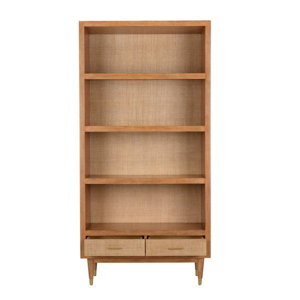 Wildwood Panama Etagere With Raffia-Backed Shelves, Walnut Finish, Brass-Drawer Storage For Stylish Display 490826