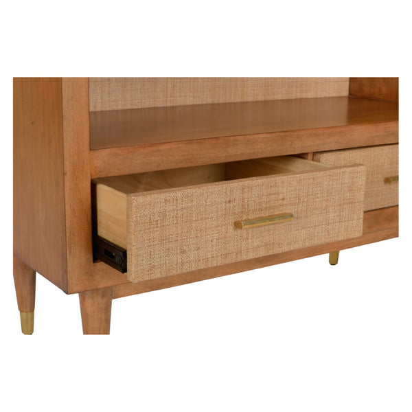 Wildwood Panama Etagere With Raffia-Backed Shelves, Walnut Finish, Brass-Drawer Storage For Stylish Display 490826
