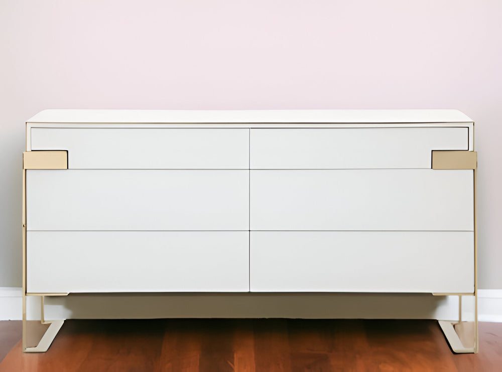 Homeroots 60" Gold And White Solid And Manufactured Wood Six Drawer Double Dresser  Solid And Manufactured Wood 490827