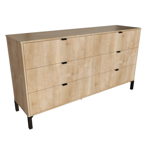 Homeroots 59" Light Natural Manufactured Wood With Black Six Drawer Double Dresser  Manufactured Wood 490828
