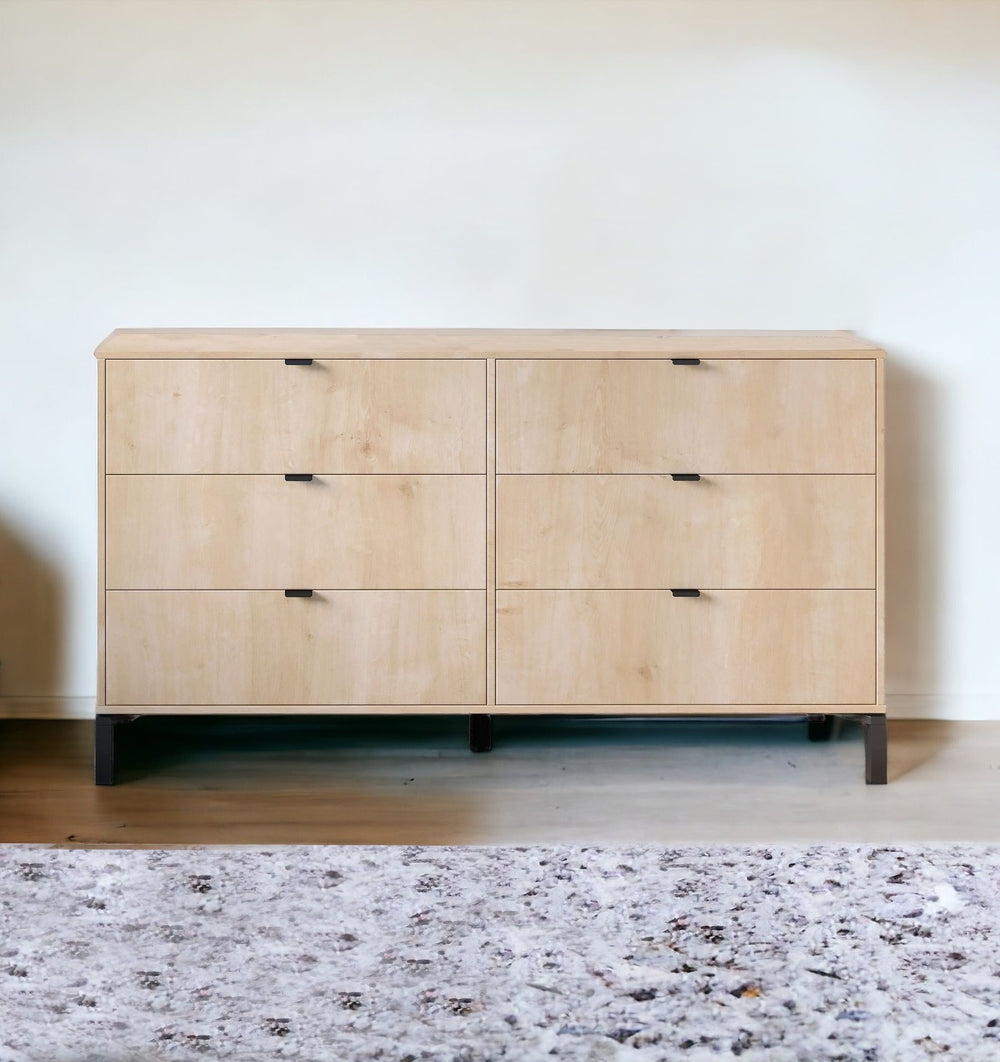 Homeroots 59" Light Natural Manufactured Wood With Black Six Drawer Double Dresser  Manufactured Wood 490828