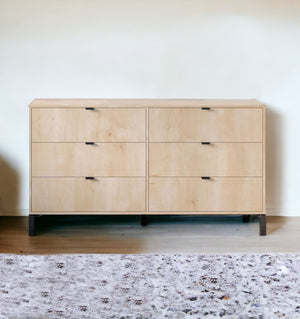 Homeroots 59" Light Natural Manufactured Wood With Black Six Drawer Double Dresser  Manufactured Wood 490828