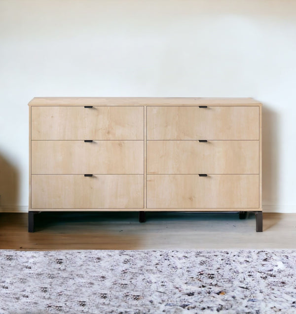 Homeroots 59" Light Natural Manufactured Wood With Black Six Drawer Double Dresser  Manufactured Wood 490828