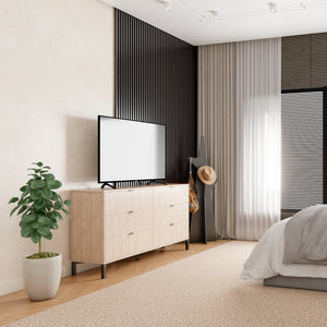 Homeroots 59" Light Natural Manufactured Wood With Black Six Drawer Double Dresser  Manufactured Wood 490828